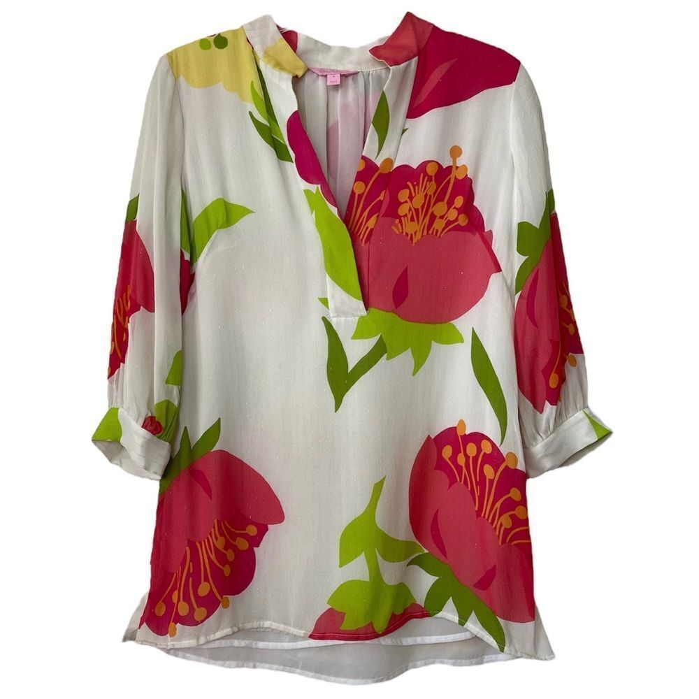 Lilly Pulitzer Floral Silk Blouse Top Semi Sheer Gold Metallic Thread Lining 4